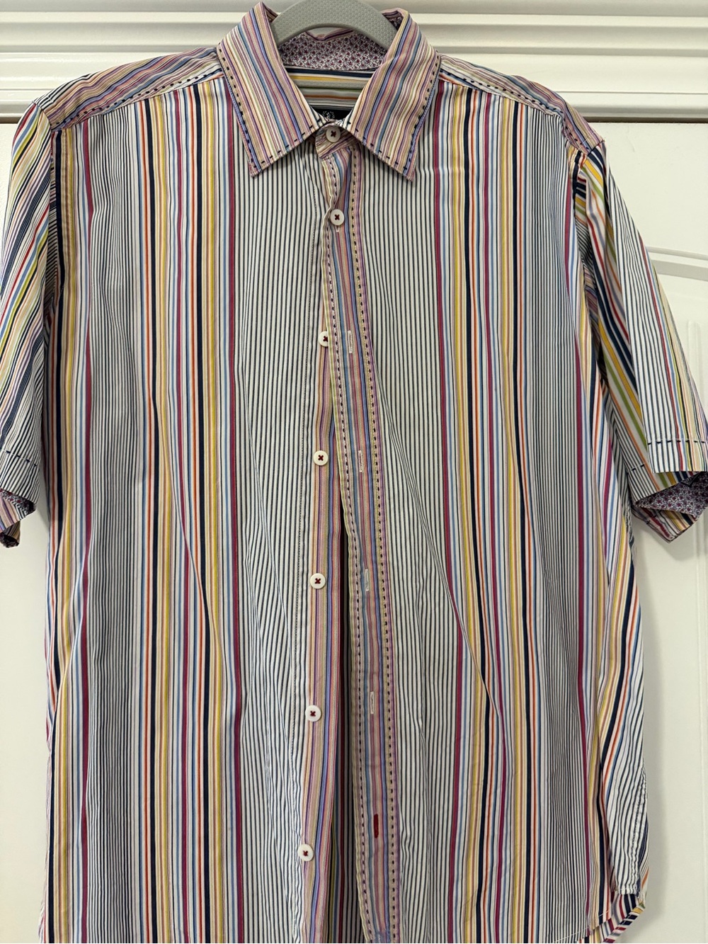 Bugatchi Short-Sleeve Multi-Stripe Button-Down Shirt - White, Blue, Yellow, Red
